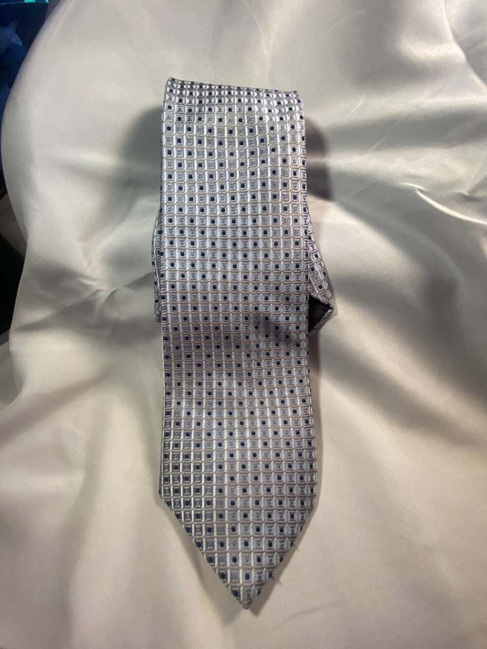Bruno Piatelli Extra Long 100% Silk Gray Blue Geometric Micro Grid Pattern Men's